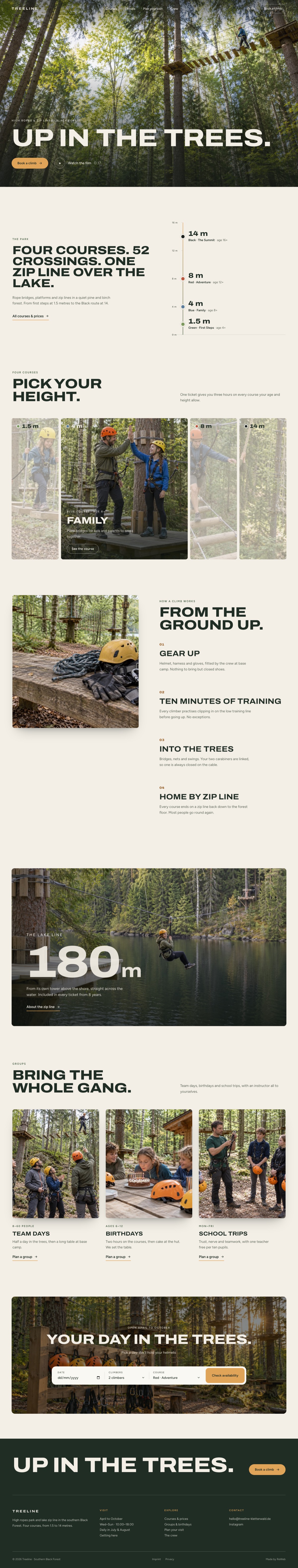 The Treeline demo site scrolling from 'Up in the trees.' down through the courses, the lake zip line, groups and booking
