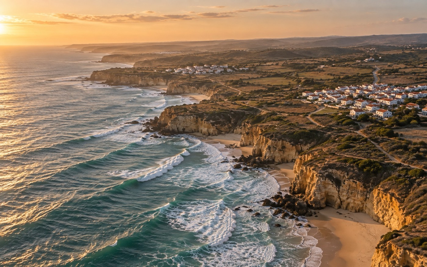 Aerial view of the Ericeira coastline, cliffs, beaches and white villages at golden hour