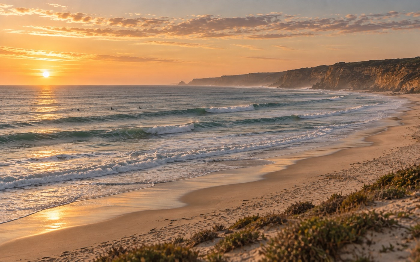 The beach break at sunset