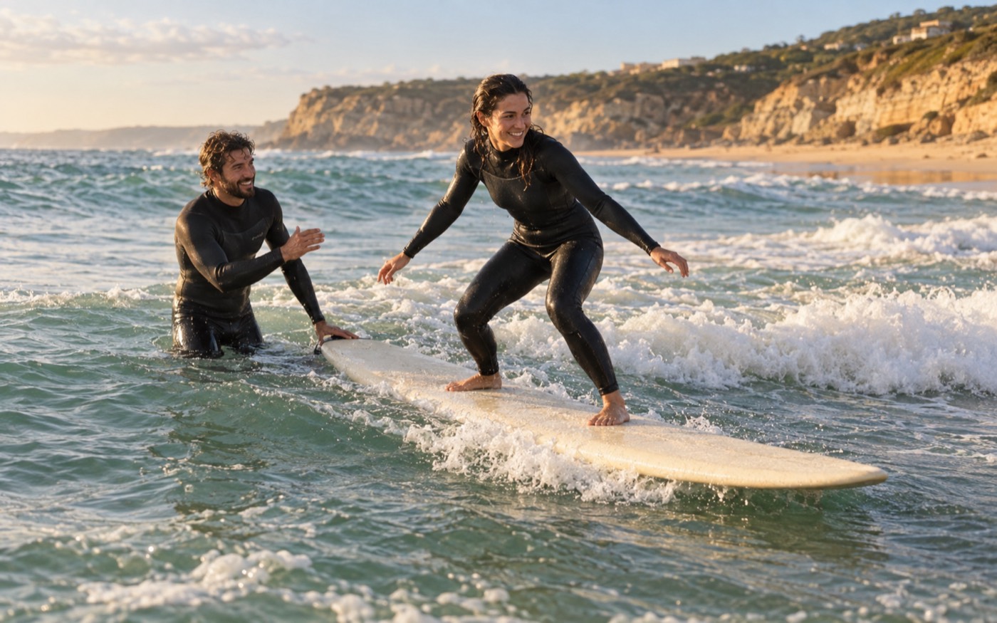 A coach helping a beginner stand up on a longboard in shallow water