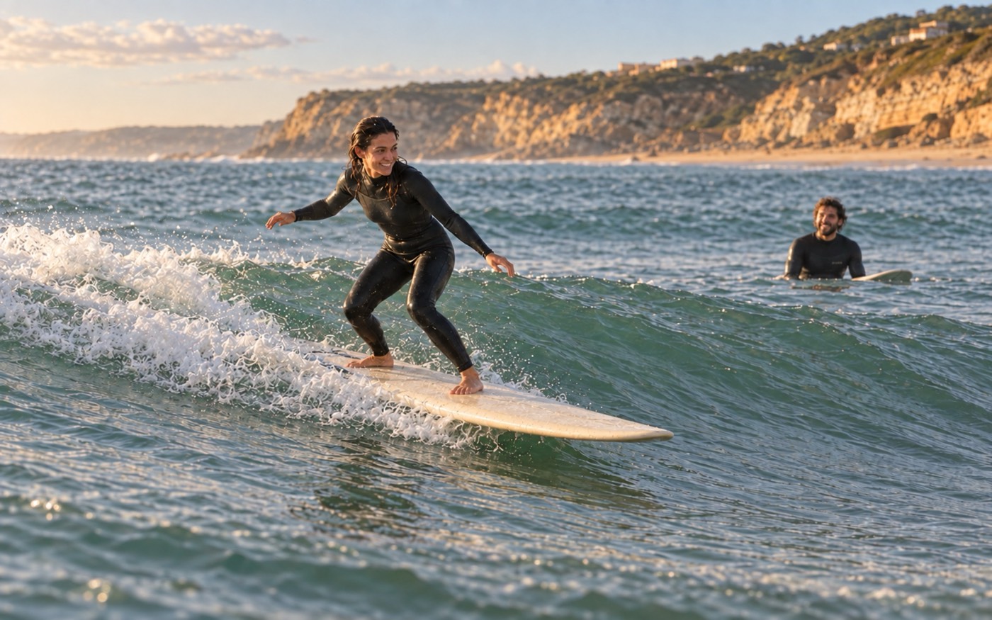 An intermediate surfer riding a small green wave while a coach watches