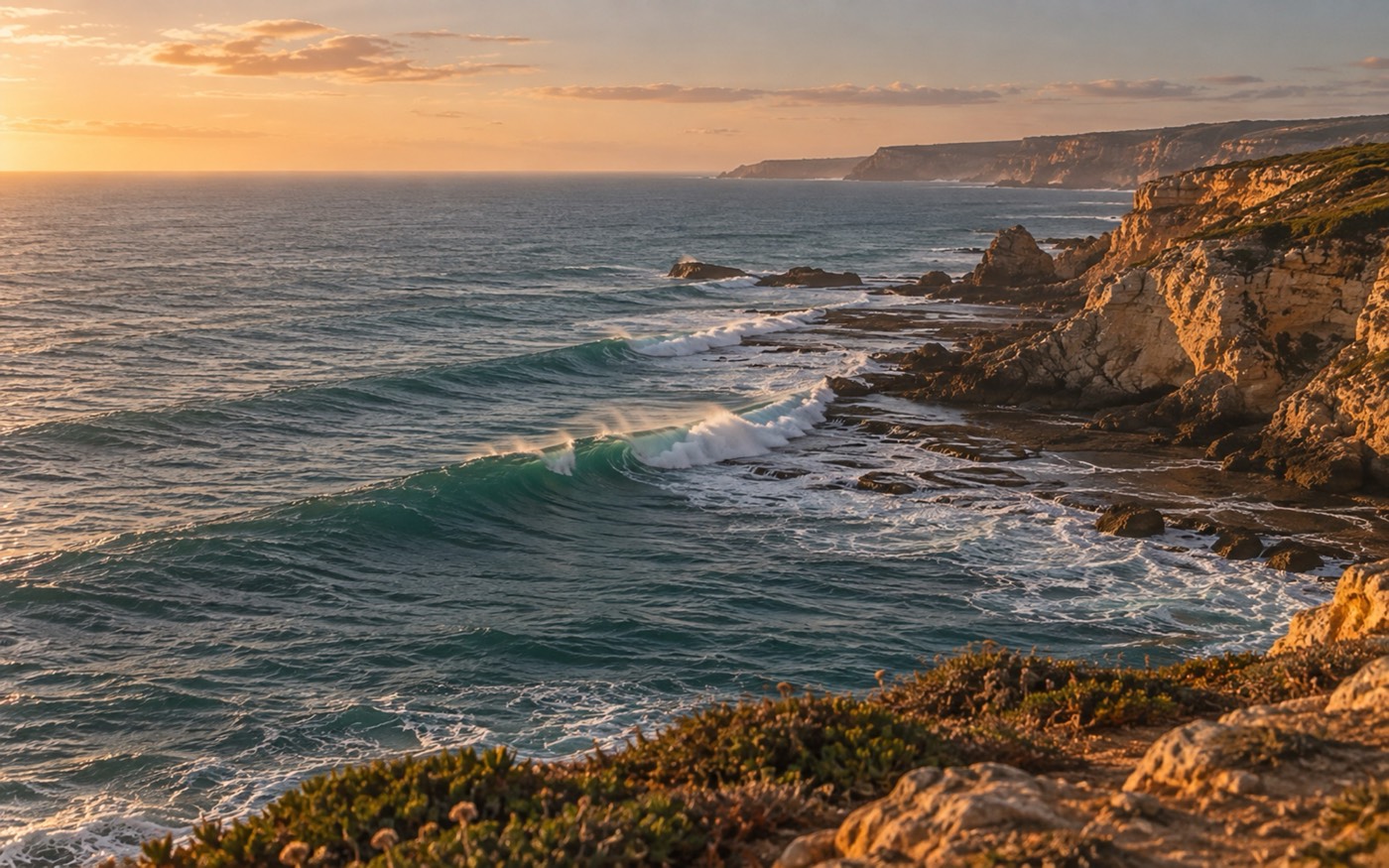 A wave peeling along a rocky point, seen from the cliff