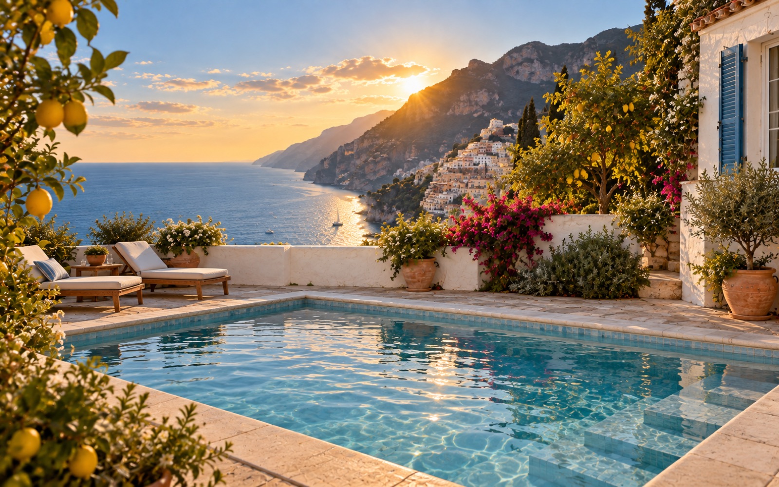 The pool garden among lemon trees, looking out to sea