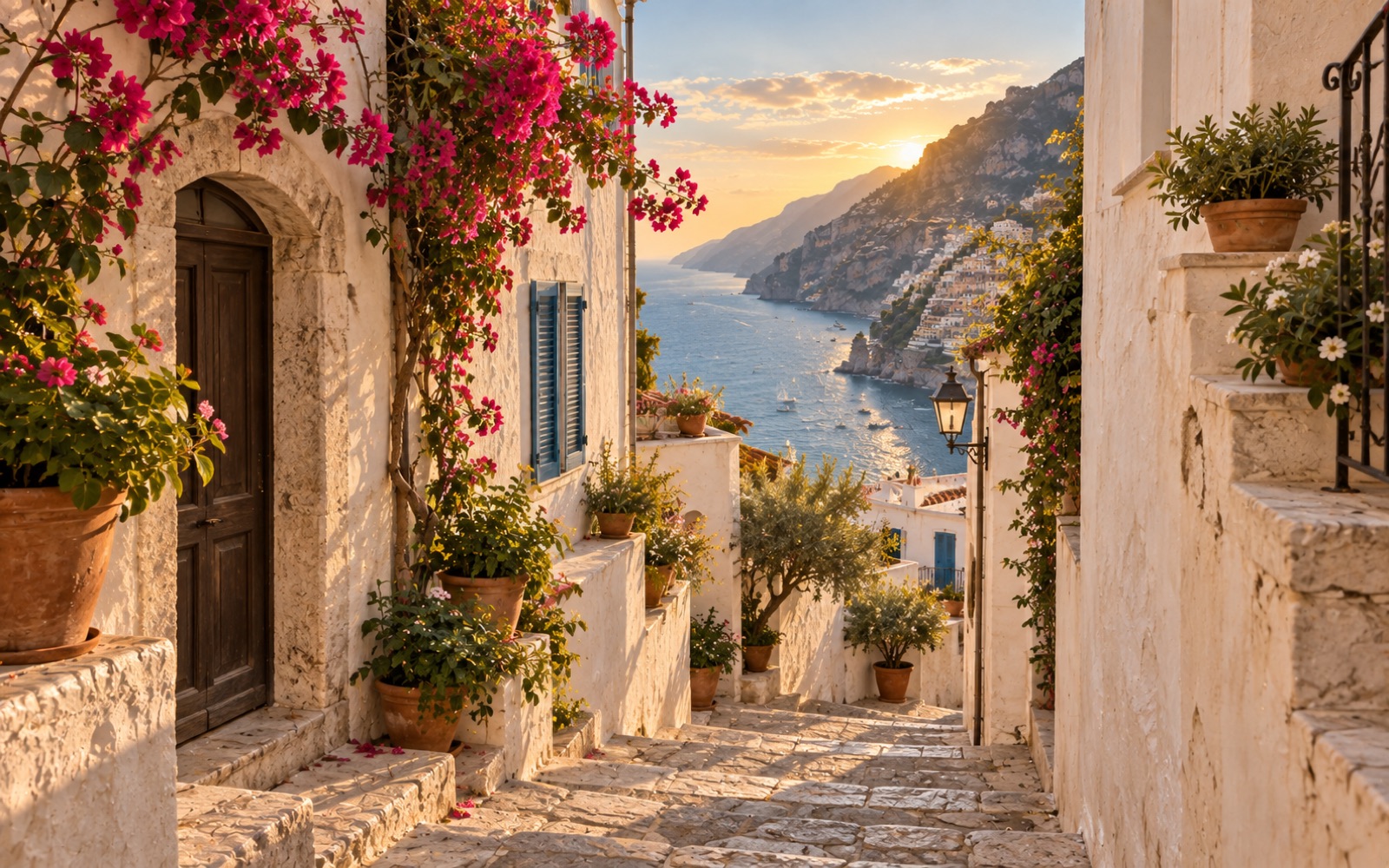 A lane of white houses and bougainvillea leading down towards the sea