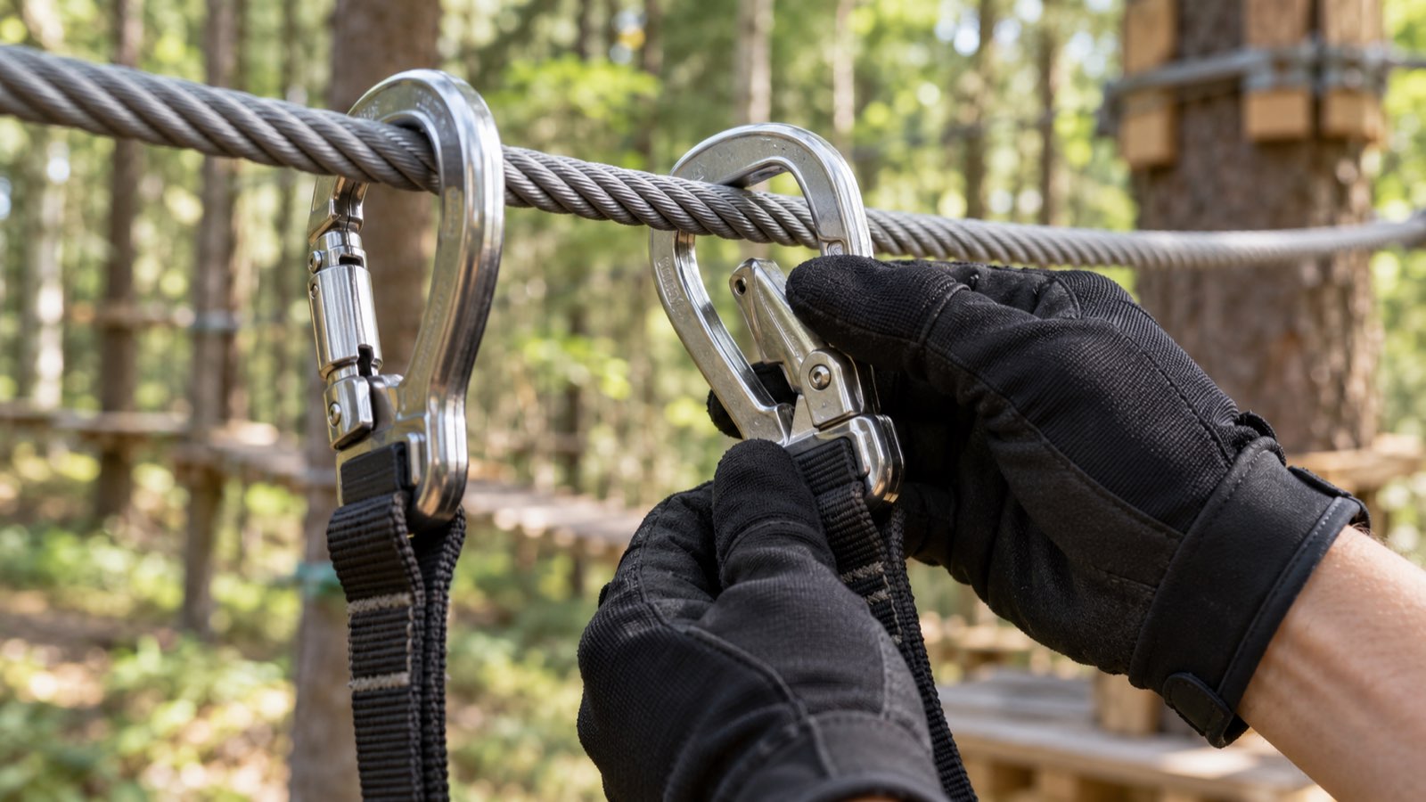 Two carabiners clipped onto the steel cable