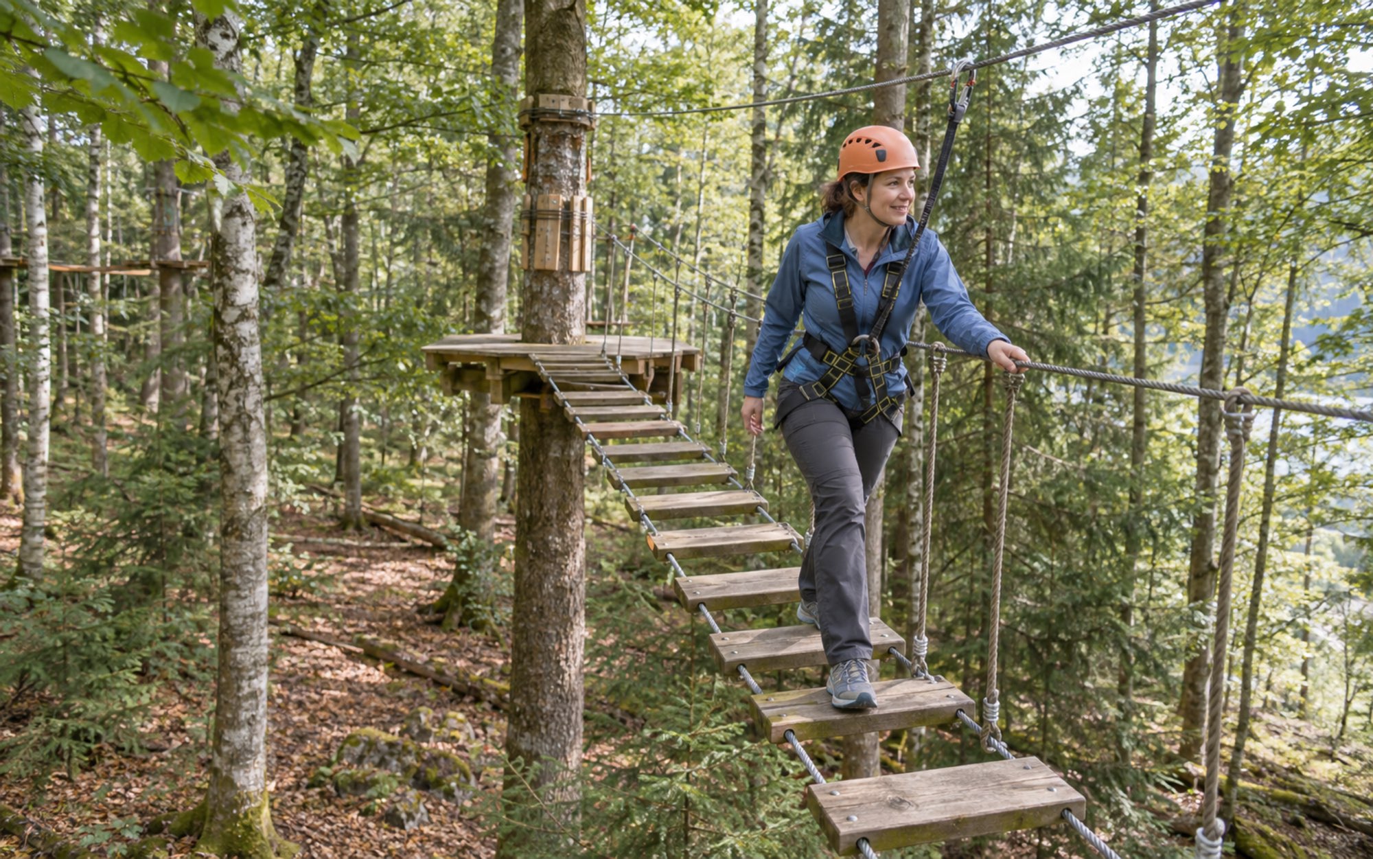 A climber crossing a plank bridge between the trees