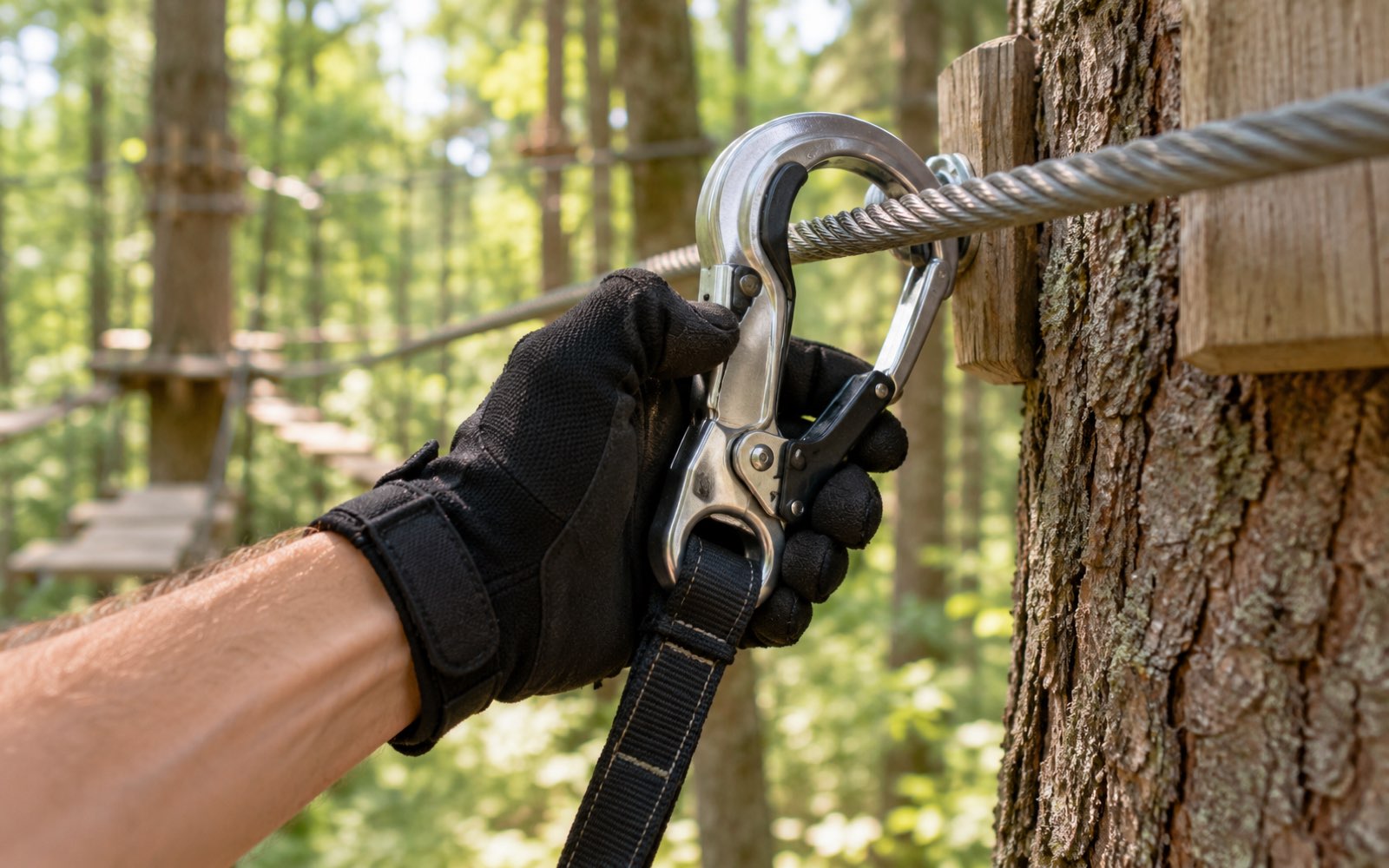 A gloved hand clipping a carabiner onto the steel safety cable